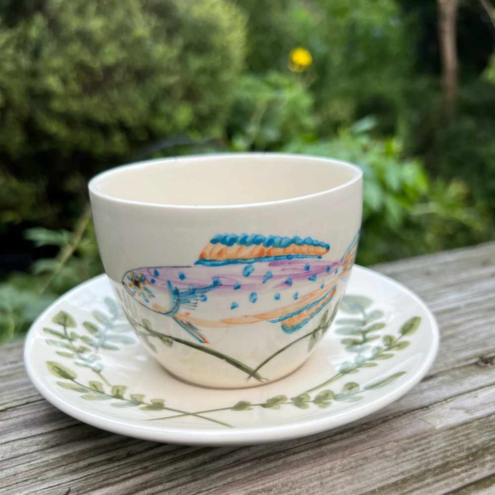 Vintage Iden Pottery Rye Sussex England Steve Duffy Fish Cup and Saucer Preowned